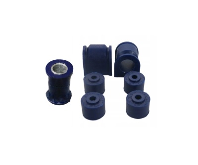 Conjunto de buchas automóveis de borracha azul escuro com detalhes metálicos sobre fundo branco