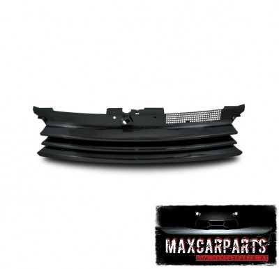 Grelha dianteira de automóvel preta com linhas horizontais e detalhe perfurado