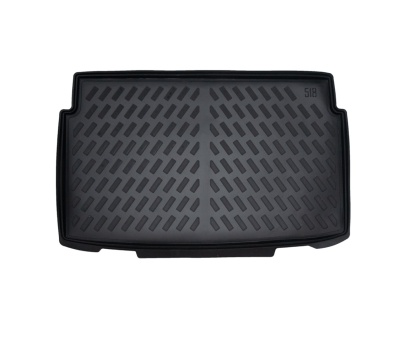 Tapete de borracha negro com padrão antiderrapante em relevo e borda elevada