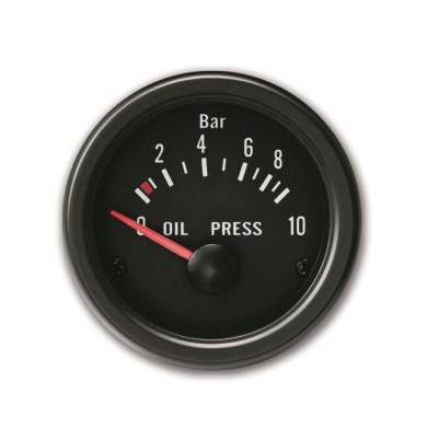 Manómetro redondo preto com escala de pressão e ponteiro vermelho