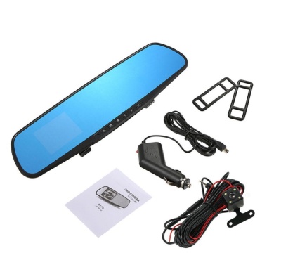 Espelho retrovisor azul com acessórios e manual