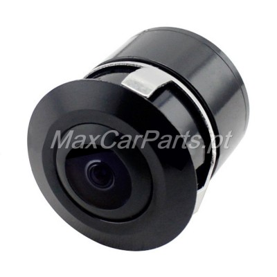 Câmara automóvel preta com lente circular e faixa metálica