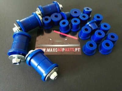 Buchas e parafusos azuis sobre fundo preto com cartão com texto WWW.MAXCARPARTS.PT