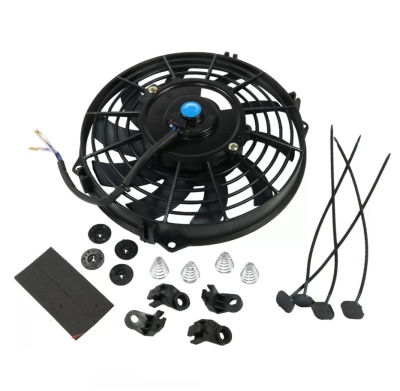 Ventoinha elétrica preta com acessórios de montagem