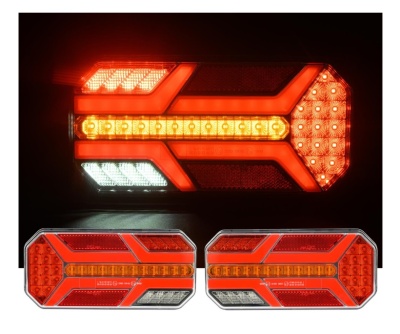 Luzes traseiras para veículos com LEDs vermelhos, brancos e laranja em padrão geométrico