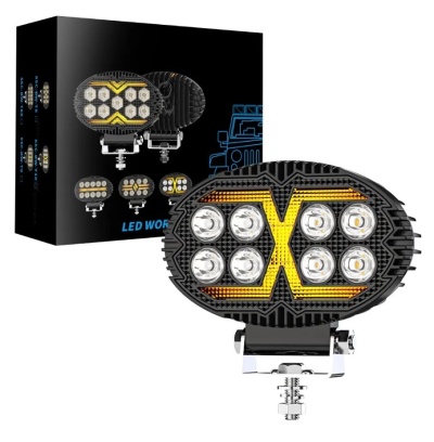Luz de trabalho LED oval preta com detalhes amarelos e suporte metálico