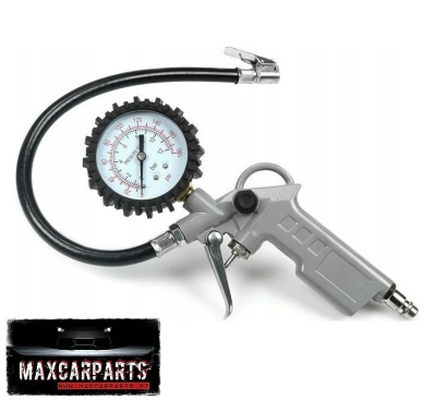 Manómetro para medir pressão com mostrador e mangueira preta.