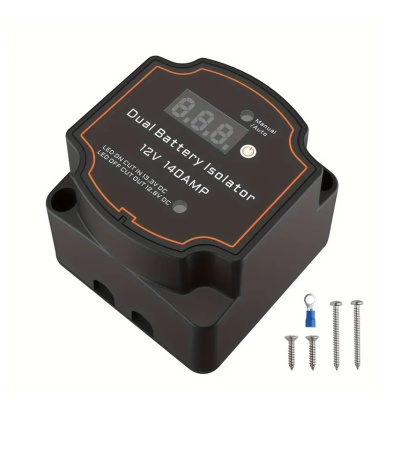 Isolador de bateria dupla preto com visor digital e parafusos.