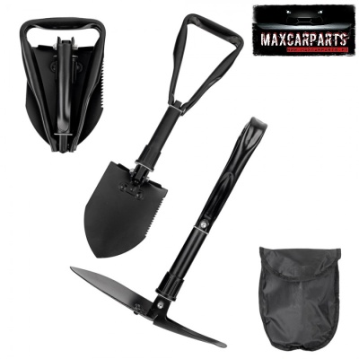 Ferramenta multifuncional preta com pá, picareta e bolsa
