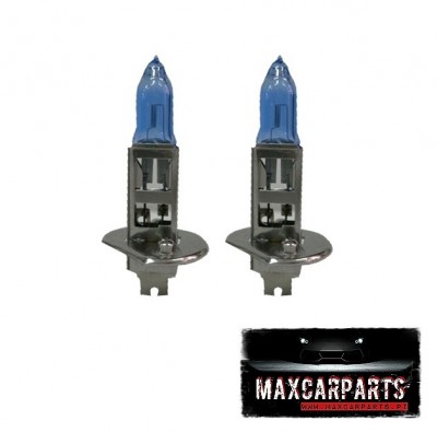 Par de lâmpadas automotivas halógenas com vidro azul e base metálica prateada
