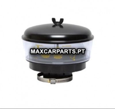 Filtro de ar para automóvel preto e transparente com abraçadeira metálica.