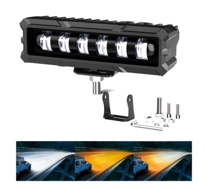 Luz LED retangular preta com lentes transparentes e acessórios de montagem.