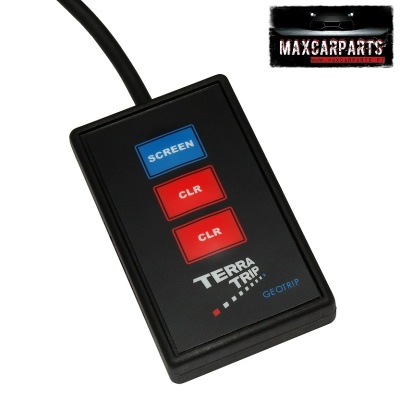 Controle remoto preto com botões azuis e vermelhos e texto TERRA TRIP GEOTRIP