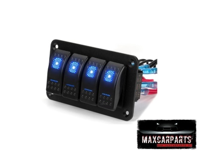 Painel de interruptores com quatro botões iluminados e etiqueta MAXCARPARTS