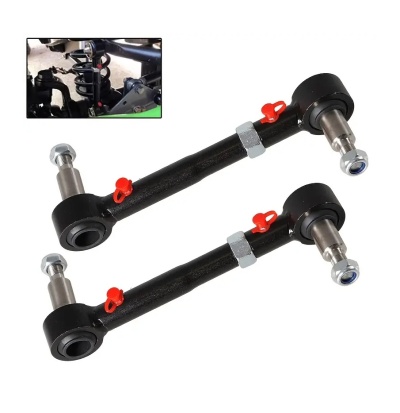 Par de barras de suspensão automóvel em metal preto com porcas e detalhes vermelhos