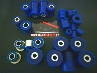 Conjunto de buchas automóveis azuis com texto WWW.MAXCARPARTS.PT