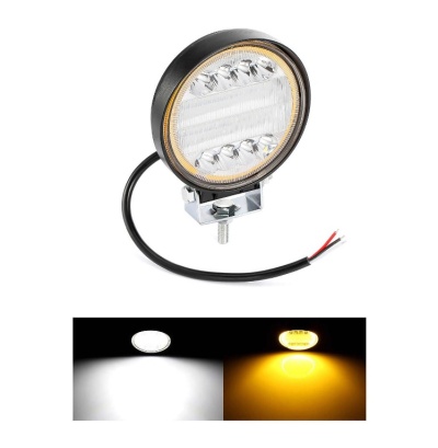 Luz redonda LED preta para veículo com suporte metálico e fio exposto