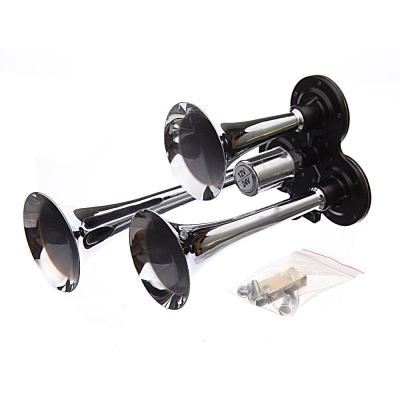 Três buzinas cromadas com bases pretas e parafusos em saco plástico