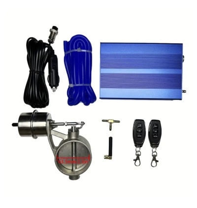 Conjunto componentes atuador metálico, cabos, caixa azul, antena e dois comandos remotos pretos