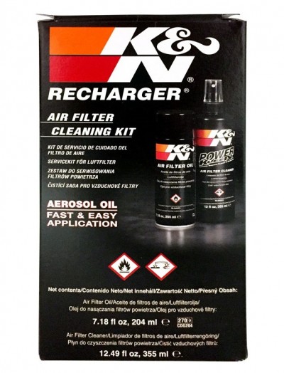Kit limpeza filtro de ar K&N Recharger em embalagem preta com óleo e spray em aerosol