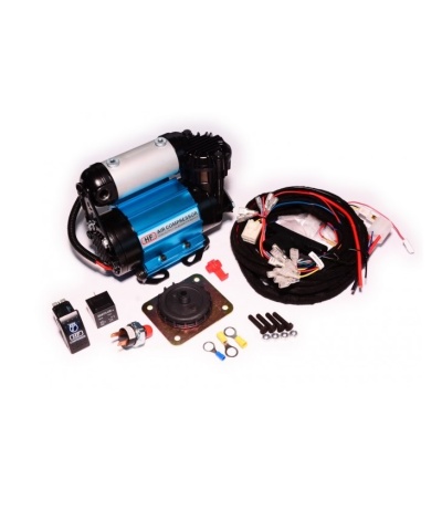 Conjunto de compressor de ar azul e preto com fios e acessórios