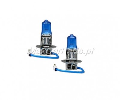Par de lâmpadas halógenas automotivas com bulbo azul e fios azuis.