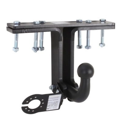 Gancho de reboque preto em metal com parafusos prateados