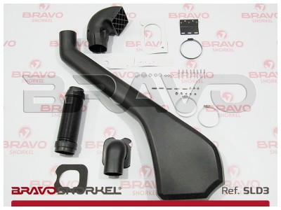 Kit de snorkel automóvel preto com acessórios sobre fundo branco com logos BRAVO SNORKEL