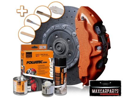 Conjunto de peças e acessórios de sistema de travagem automóvel com disco, pinça, spray e caixa laranja FOLIATEC.com