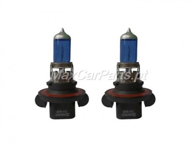 Duas lâmpadas automotivas com vidro azul e base preta