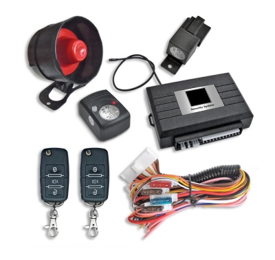 Sistema de alarme automóvel com sirene, duas chaves de comando, central de controlo, relé, sensor e cabos coloridos.