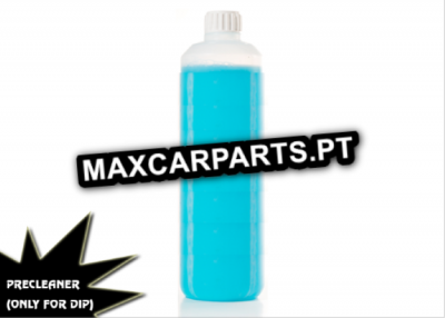 Frasco plástico transparente com líquido azul e tampa branca, texto PRECLEANER