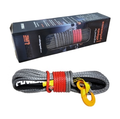 Corda sintética cinzenta para cabrestante com mosquetão amarelo e embalagem preta