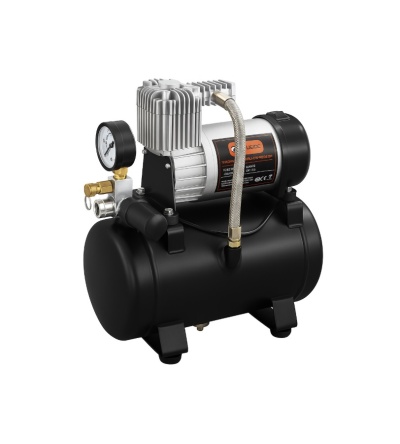 Compressor de ar portátil preto com motor metálico e manómetro