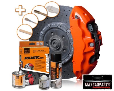 Conjunto de peças de travão automóvel com disco perfurado, pinça laranja, latas FOLIATEC, spray e ferramentas