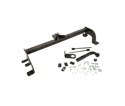 Conjunto metal preto de reboque com parafusos e peças, sobre fundo branco