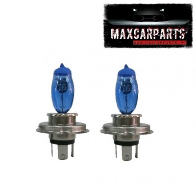 Duas lâmpadas automóveis de vidro azul com base metálica prateada