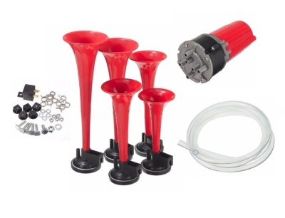 Conjunto de buzinas vermelhas com acessórios e mangueira transparente