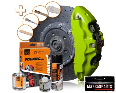 Conjunto de discos de travão perfurados e pinças verdes com produtos FOLIATEC