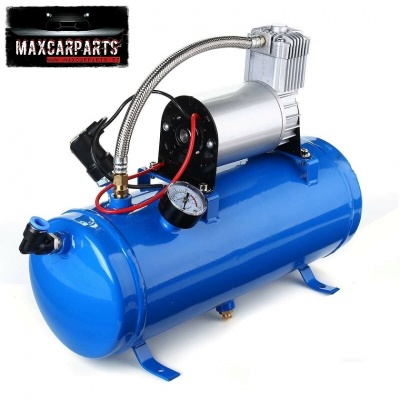 Compressor de ar azul com motor prata e manómetro, logotipo MAXCARPARTS