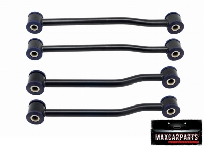 Conjunto de quatro barras estabilizadoras pretas com buchas azuis e selo MAXCARPARTS