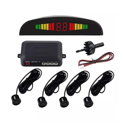 Kit sensores de estacionamento com 4 detectores, unidade central, visor digital, cabos e broca em fundo branco