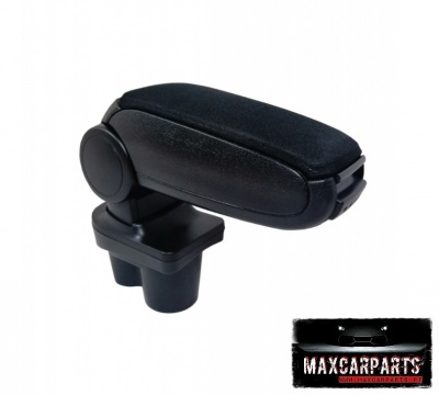 Apoio de braço preto para automóvel com textura de couro e base de plástico.