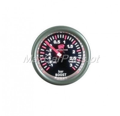 Medidor de pressão boost para automóveis, aro prateado, fundo preto, números brancos e vermelhos