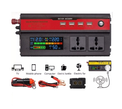 Inversor solar de energia preto e vermelho com visor digital, tomadas universais, USB, cabos e adaptadores
