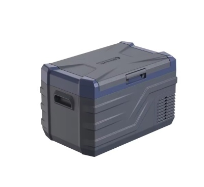 Caixa térmica cinzenta escura com detalhes azuis e pega embutida