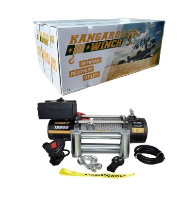 Guincho elétrico Kangaroo Winch com caixa de embalagem ao fundo