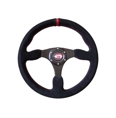 Volante de carro desportivo preto com marcador vermelho e centro metálico.