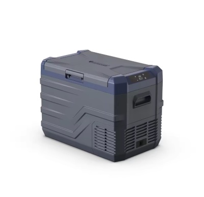 Frigorífico portátil cinzento escuro com detalhes azuis e alça incorporada