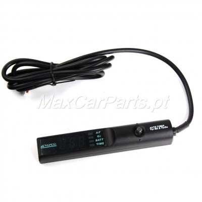 Dispositivo digital preto com ecrã e cabo preto sobre fundo branco